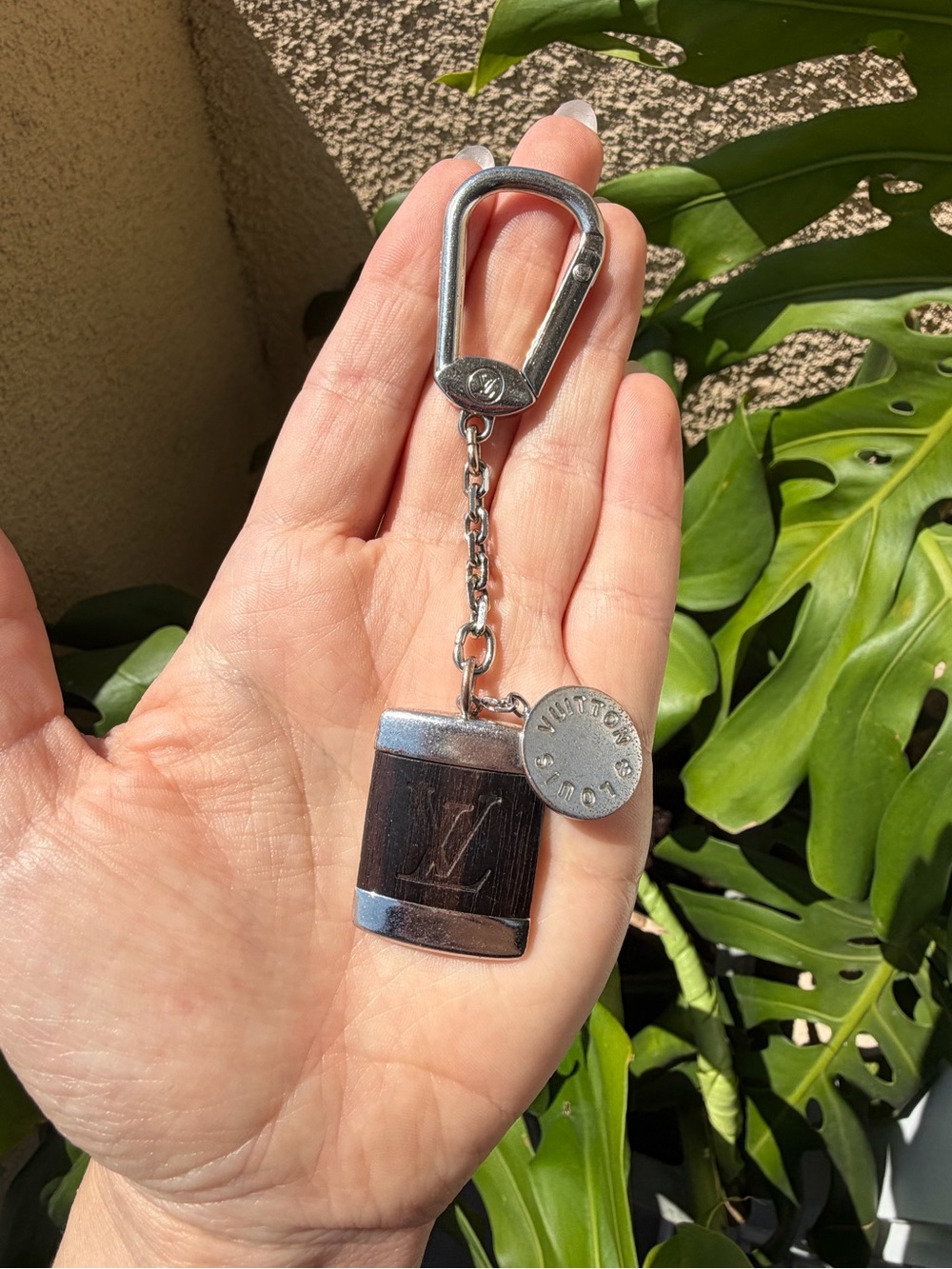 Louis Vuitton Porte Cles Wood Silver Key Ring Bag Charm Keychain Brown